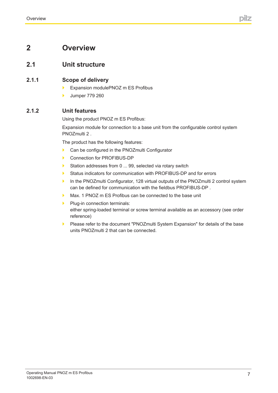 2 overview, 1 unit structure, 1 scope of delivery | 2 unit features, Section 2, Overview, Unit structure, Scope of delivery, Unit features, 2overview | Pilz PNOZ m ES Profibus User Manual | Page 7 / 23