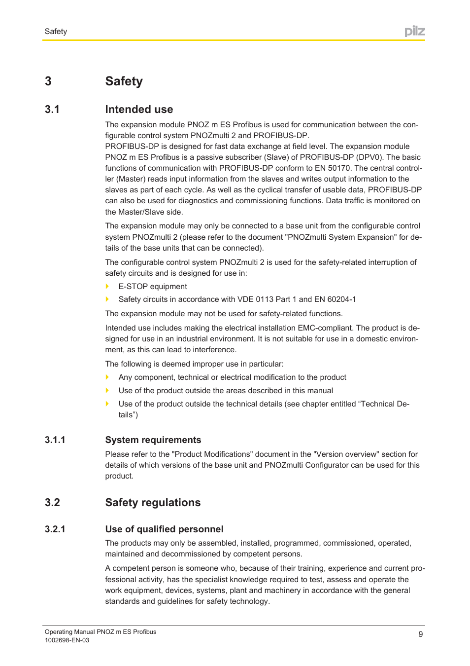 3 safety, 1 intended use, 1 system requirements | 2 safety regulations, 1 use of qualified personnel, Section 3, Safety, Intended use, System requirements, Safety regulations | Pilz PNOZ m ES Profibus User Manual | Page 9 / 23