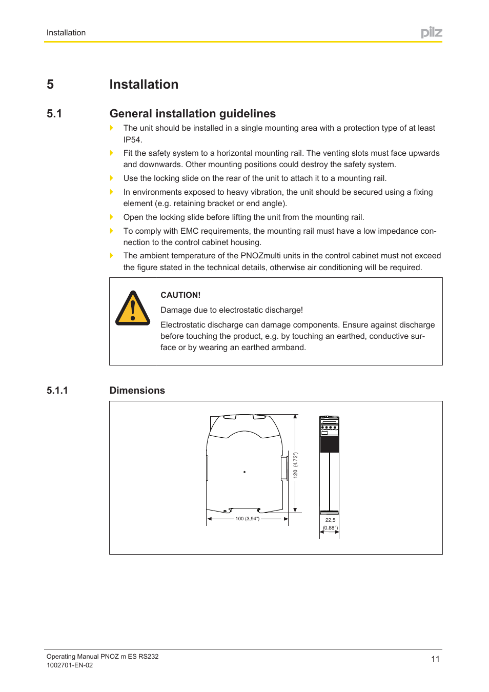 5 installation, 1 general installation guidelines, 1 dimensions | Section 5, Installation, General installation guidelines, Dimensions, 5installation | Pilz PNOZ m ES RS232 User Manual | Page 11 / 18