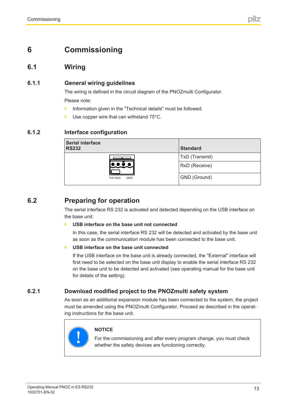 6 commissioning, 1 wiring, 1 general wiring guidelines | 2 interface configuration, 2 preparing for operation, Section 6, Commissioning, Wiring, General wiring guidelines, Interface configuration | Pilz PNOZ m ES RS232 User Manual | Page 13 / 18