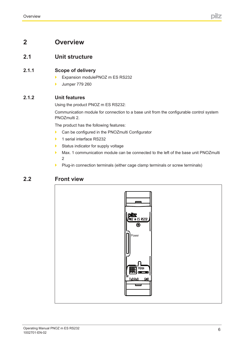 2 overview, 1 unit structure, 1 scope of delivery | 2 unit features, 2 front view, Section 2, Overview, Unit structure, Scope of delivery, Unit features | Pilz PNOZ m ES RS232 User Manual | Page 6 / 18