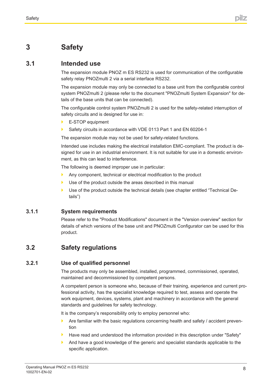 3 safety, 1 intended use, 1 system requirements | 2 safety regulations, 1 use of qualified personnel, Section 3, Safety, Intended use, System requirements, Safety regulations | Pilz PNOZ m ES RS232 User Manual | Page 8 / 18