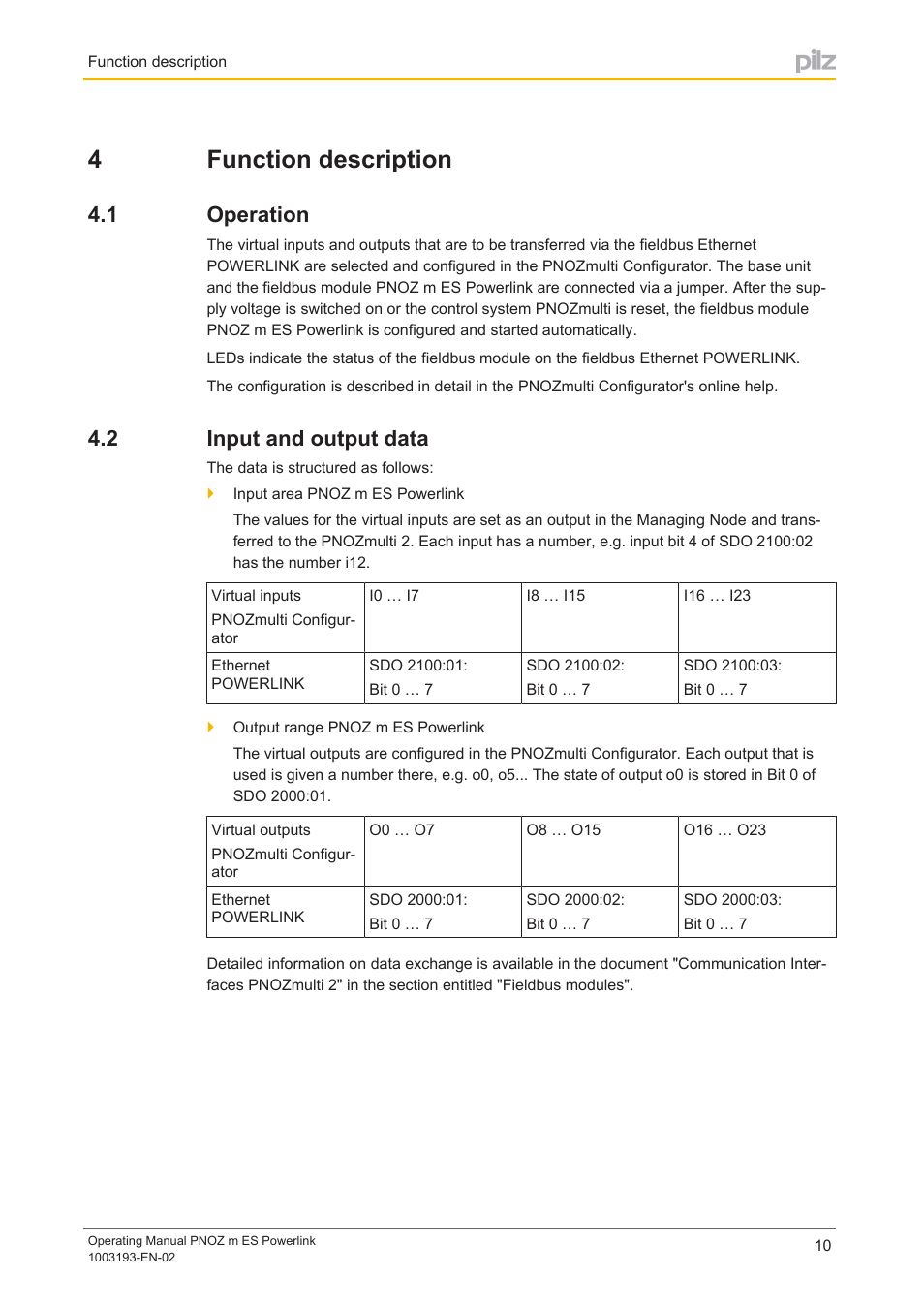 4 function description, 1 operation, 2 input and output data | Section 4, Function description, Operation, Input and output data, 4function description | Pilz PNOZ m ES Powerlink User Manual | Page 10 / 20