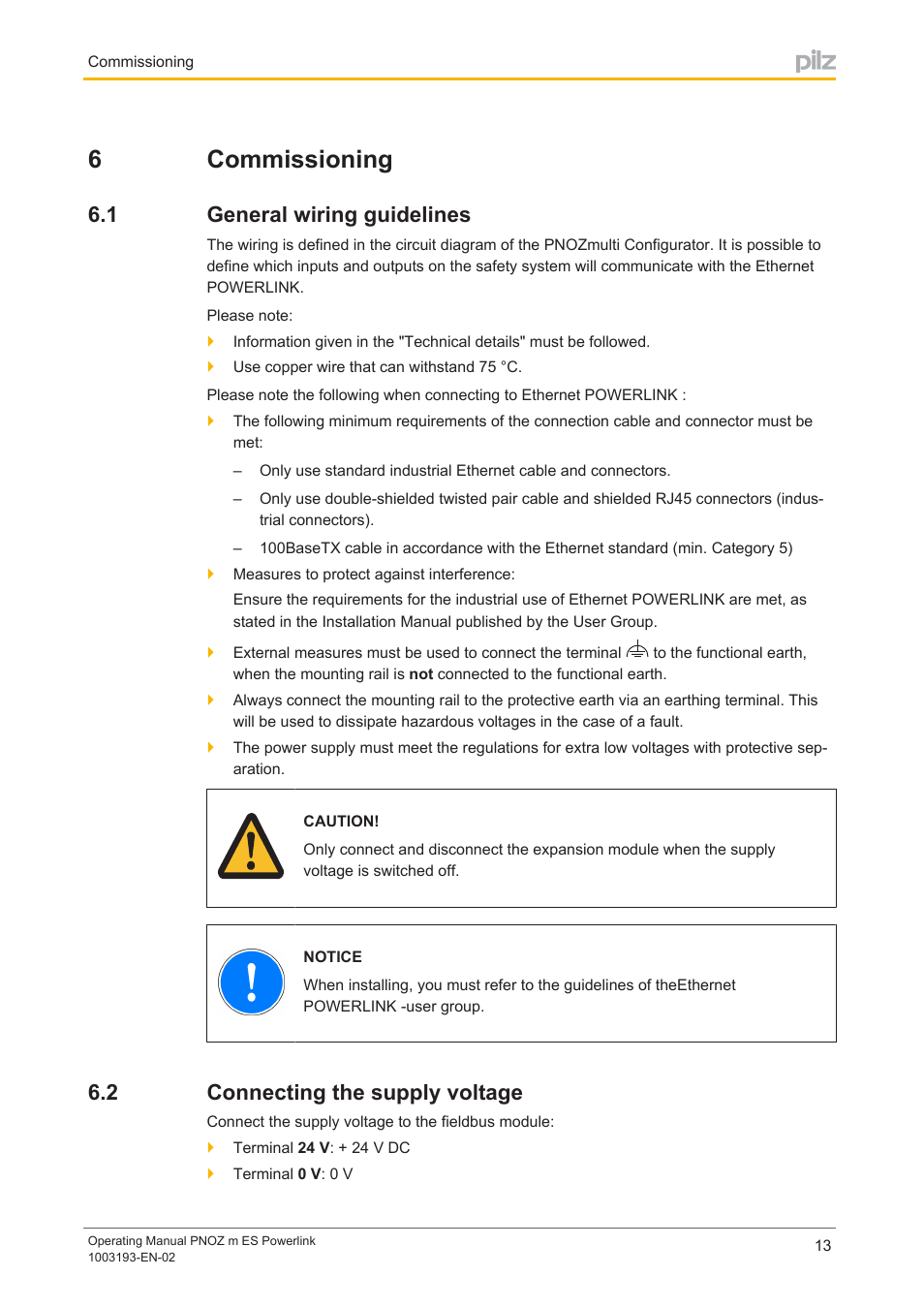 6 commissioning, 1 general wiring guidelines, 2 connecting the supply voltage | Section 6, Commissioning, General wiring guidelines, Connecting the supply voltage, 6commissioning | Pilz PNOZ m ES Powerlink User Manual | Page 13 / 20