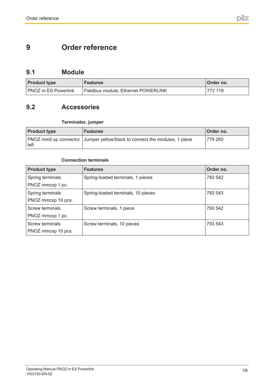 9 order reference, 1 module, 2 accessories | Section 9, Order reference, Module, Accessories, 9order reference | Pilz PNOZ m ES Powerlink User Manual | Page 19 / 20