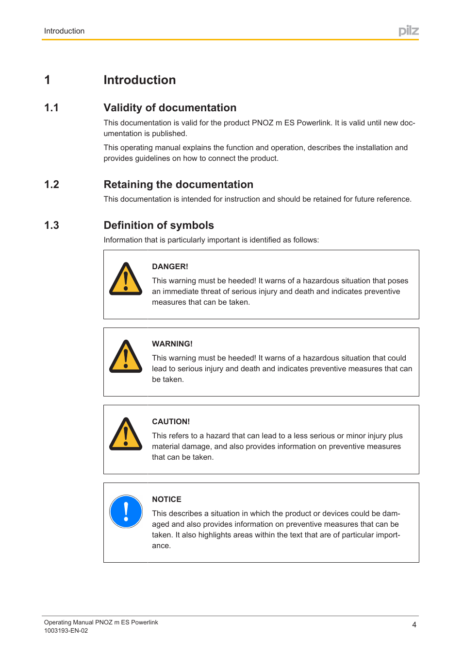 1 introduction, 1 validity of documentation, 2 retaining the documentation | 3 definition of symbols, Section 1, Introduction, Validity of documentation, Retaining the documentation, Definition of symbols, 1introduction | Pilz PNOZ m ES Powerlink User Manual | Page 4 / 20