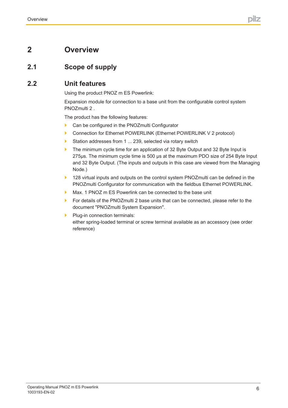 2 overview, 1 scope of supply, 2 unit features | Section 2, Overview, Scope of supply, Unit features, 2overview, 1 scope of supply 2.2 unit features | Pilz PNOZ m ES Powerlink User Manual | Page 6 / 20