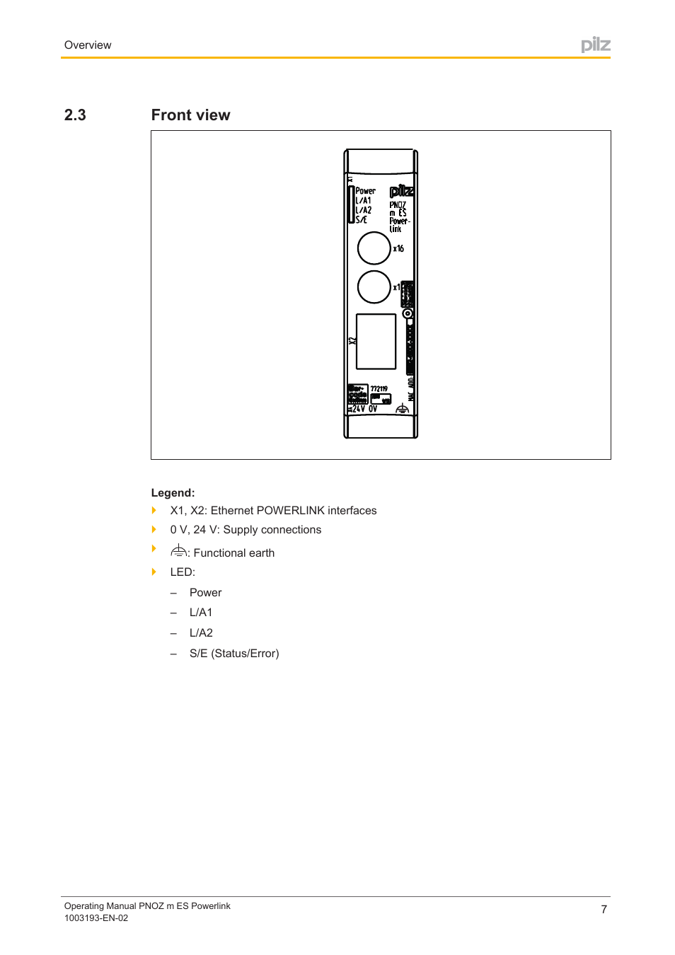 3 front view, Front view | Pilz PNOZ m ES Powerlink User Manual | Page 7 / 20
