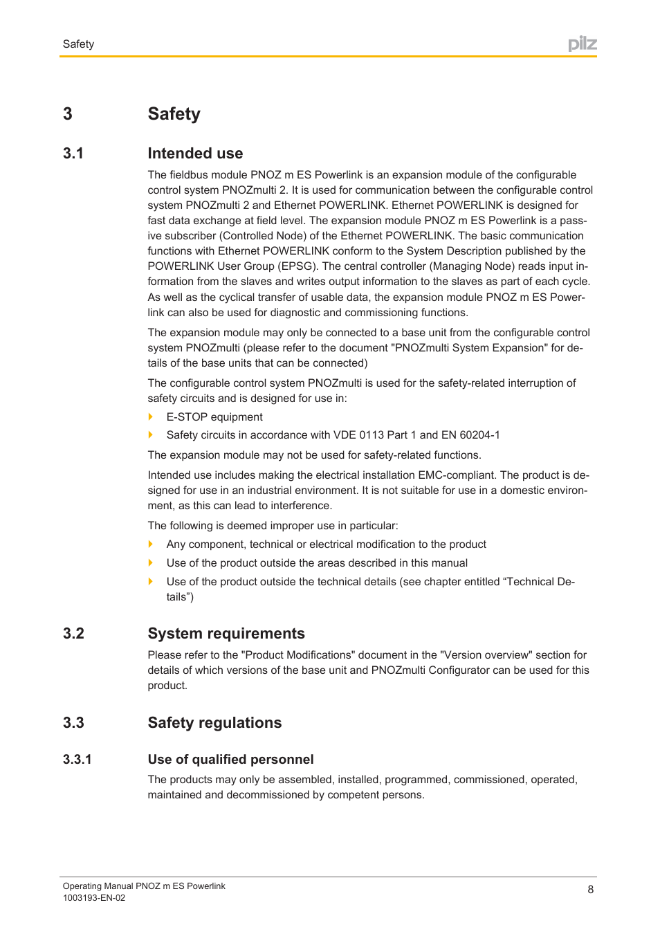 3 safety, 1 intended use, 2 system requirements | 3 safety regulations, 1 use of qualified personnel, Section 3, Safety, Intended use, System requirements, Safety regulations | Pilz PNOZ m ES Powerlink User Manual | Page 8 / 20