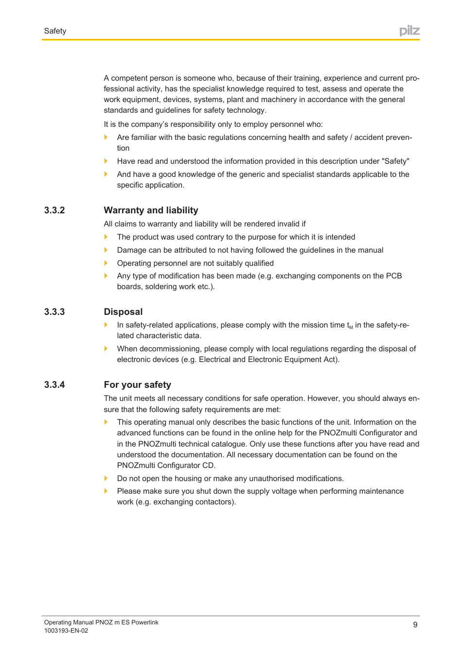 2 warranty and liability, 3 disposal, 4 for your safety | Warranty and liability, Disposal, For your safety | Pilz PNOZ m ES Powerlink User Manual | Page 9 / 20