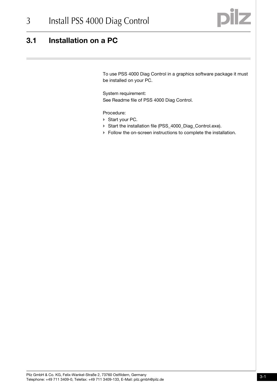 Install pss 4000 diag control, Installation on a pc, 1 installation on a pc | Pilz PSSu H PLC1 FS SN SD User Manual | Page 11 / 47