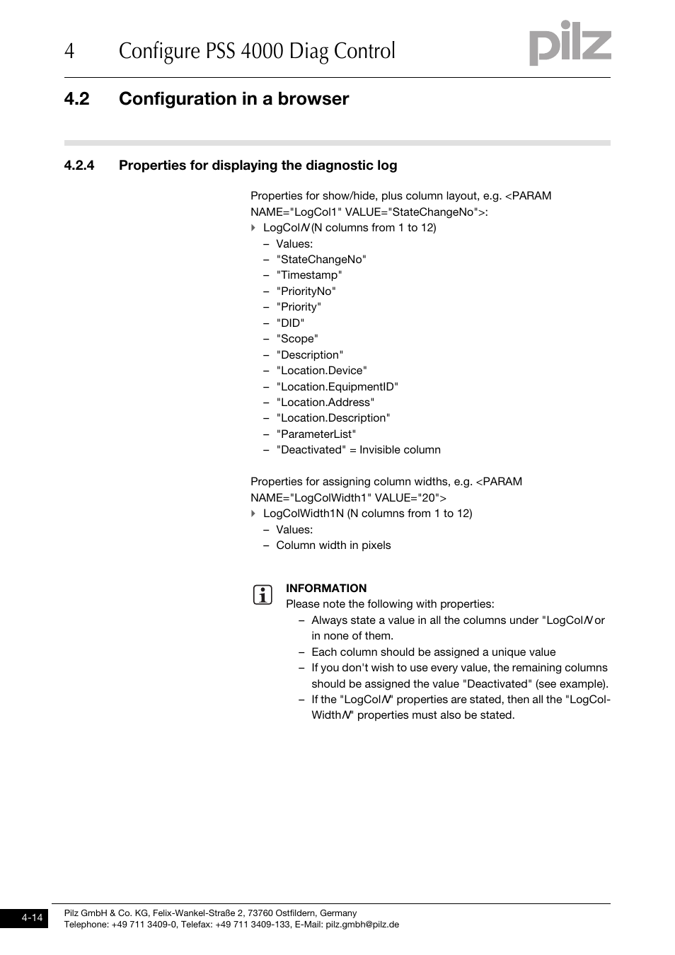 Properties for displaying the diagnostic log, 2 configuration in a browser, 4 properties for displaying the diagnostic log | Pilz PSSu H PLC1 FS SN SD User Manual | Page 26 / 47