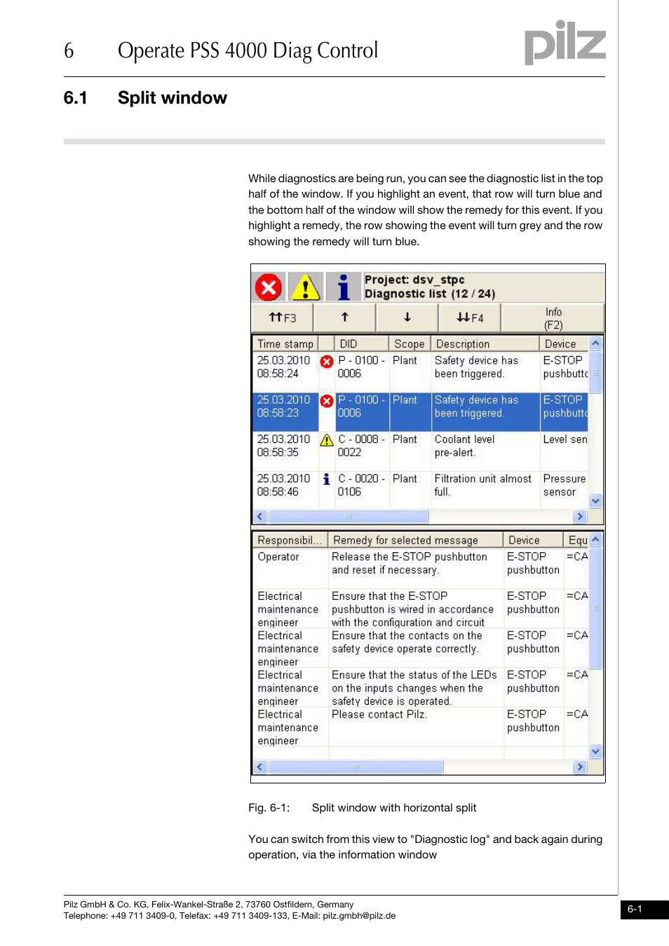 Operate pss 4000 diag control, Split window, 1 split window | Pilz PSSu H PLC1 FS SN SD User Manual | Page 31 / 47