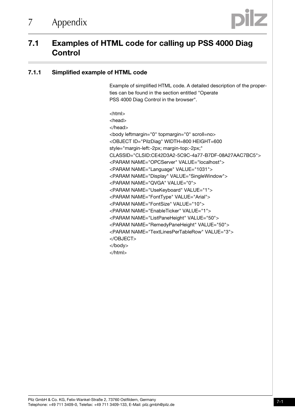 Appendix, Simplified example of html code, 7appendix | 1 simplified example of html code | Pilz PSSu H PLC1 FS SN SD User Manual | Page 43 / 47