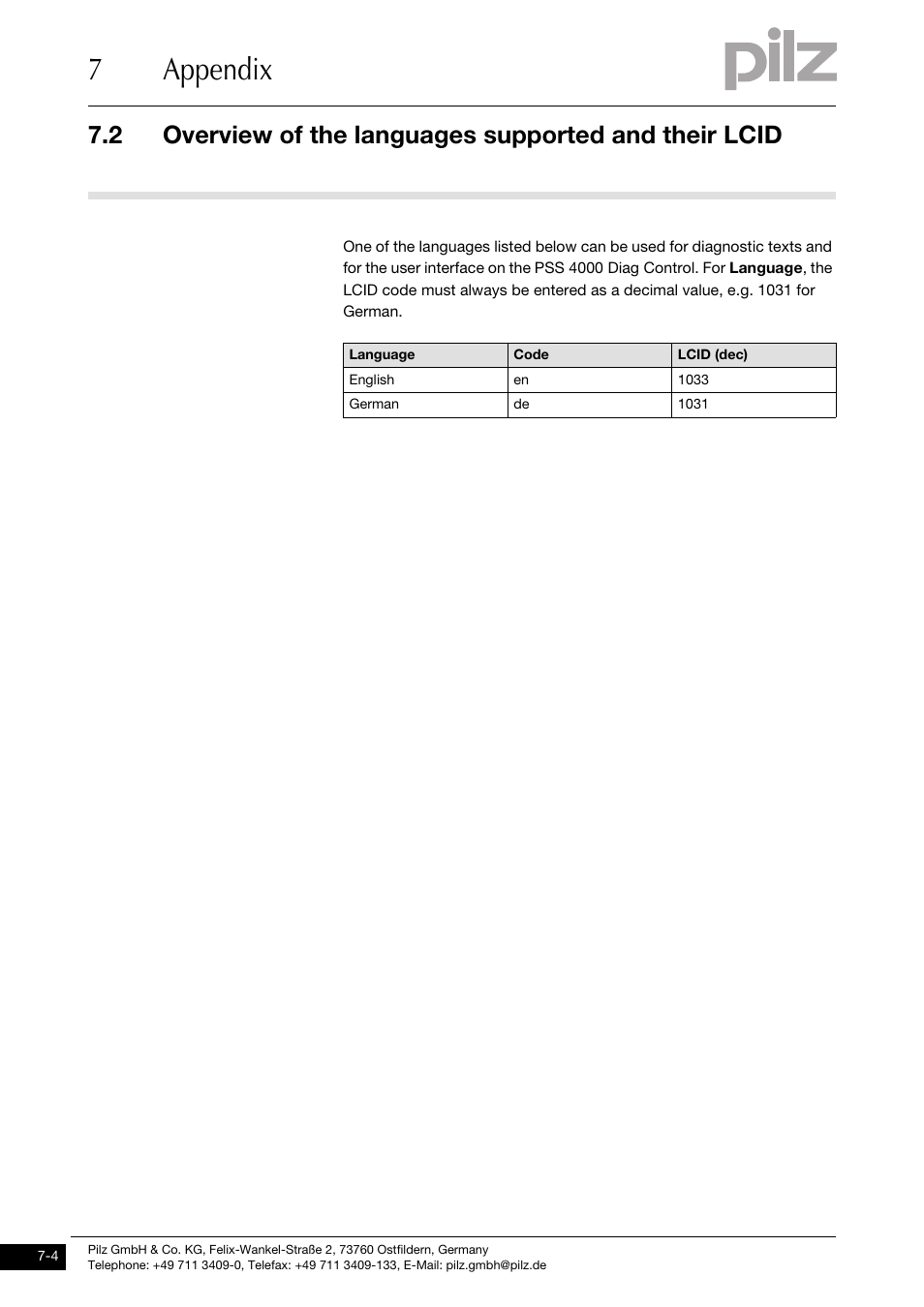 Overview of the languages supported and their lcid, 7appendix | Pilz PSSu H PLC1 FS SN SD User Manual | Page 46 / 47