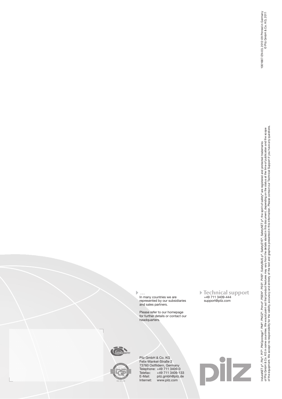 Contact address, Technical support | Pilz PSSu H PLC1 FS SN SD User Manual | Page 47 / 47