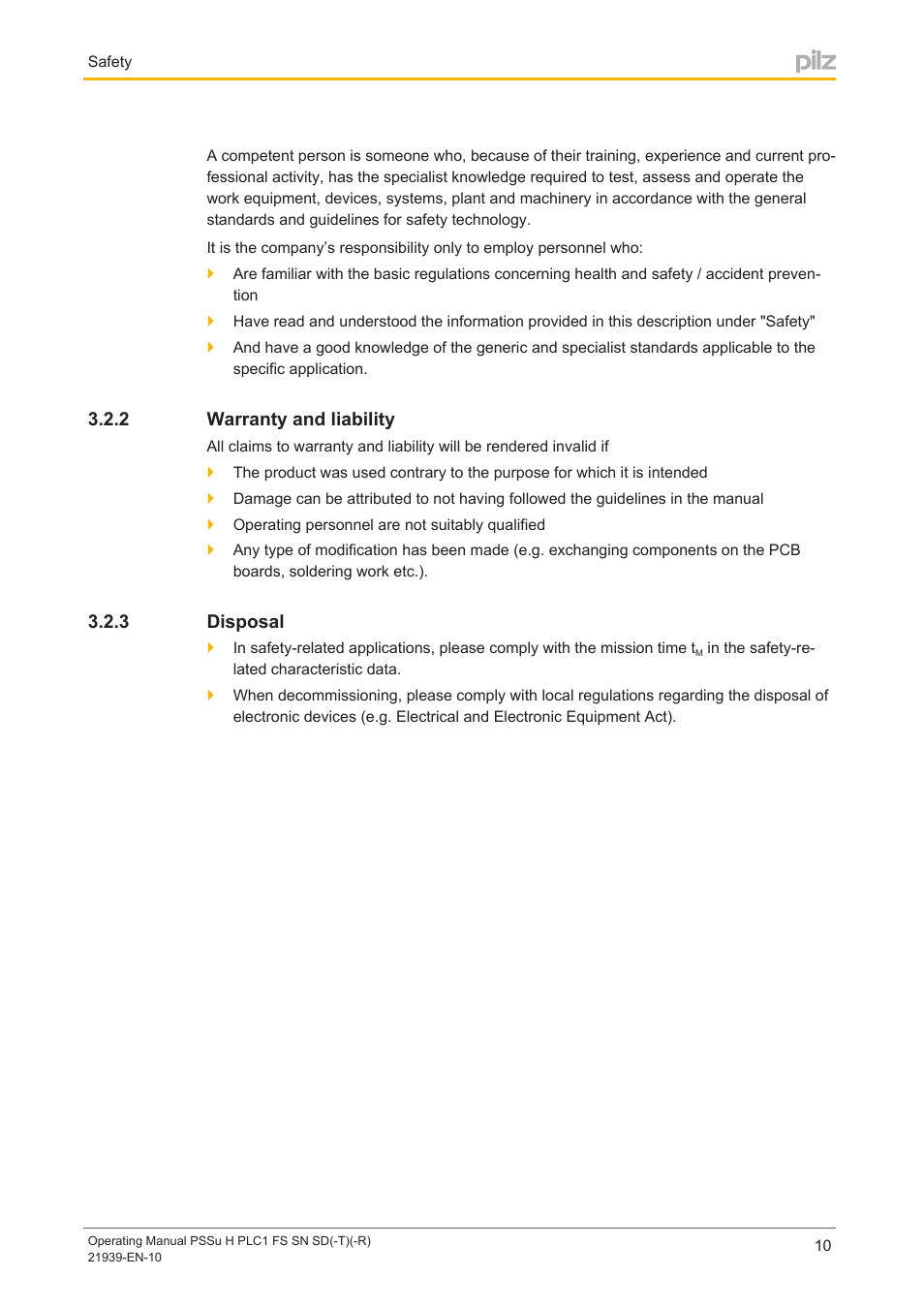 2 warranty and liability, 3 disposal, Warranty and liability | Disposal | Pilz PSSu H PLC1 FS SN SD User Manual | Page 10 / 42