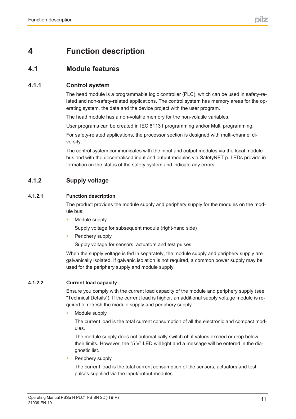 4 function description, 1 module features, 1 control system | 2 supply voltage, 1 function description, 2 current load capacity, Section 4, Function description, Module features, Control system | Pilz PSSu H PLC1 FS SN SD User Manual | Page 11 / 42