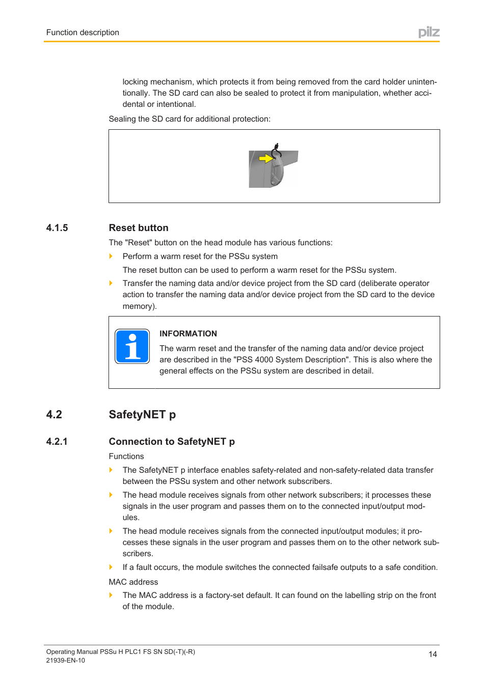 5 reset button, 2 safetynet p, 1 connection to safetynet p | Reset button, Safetynet p, Connection to safetynet p | Pilz PSSu H PLC1 FS SN SD User Manual | Page 14 / 42