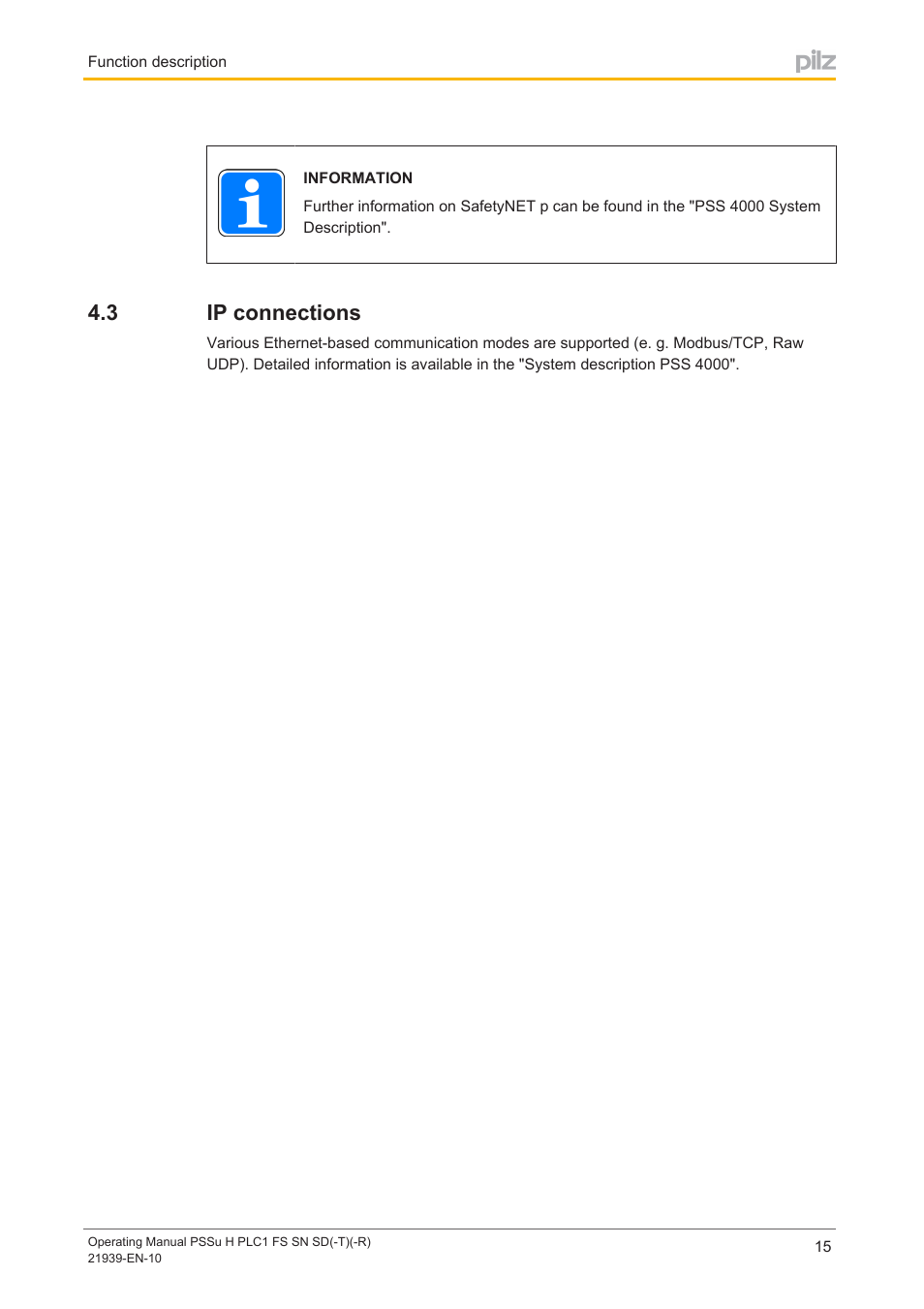 3 ip connections, Ip connections | Pilz PSSu H PLC1 FS SN SD User Manual | Page 15 / 42