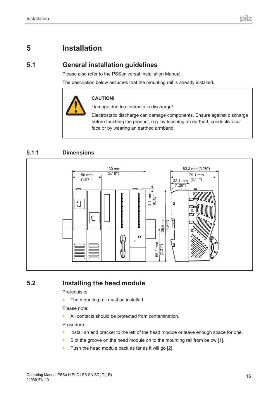 5 installation, 1 general installation guidelines, 1 dimensions | 2 installing the head module, Section 5, Installation, General installation guidelines, Dimensions, Installing the head module, 5installation | Pilz PSSu H PLC1 FS SN SD User Manual | Page 16 / 42