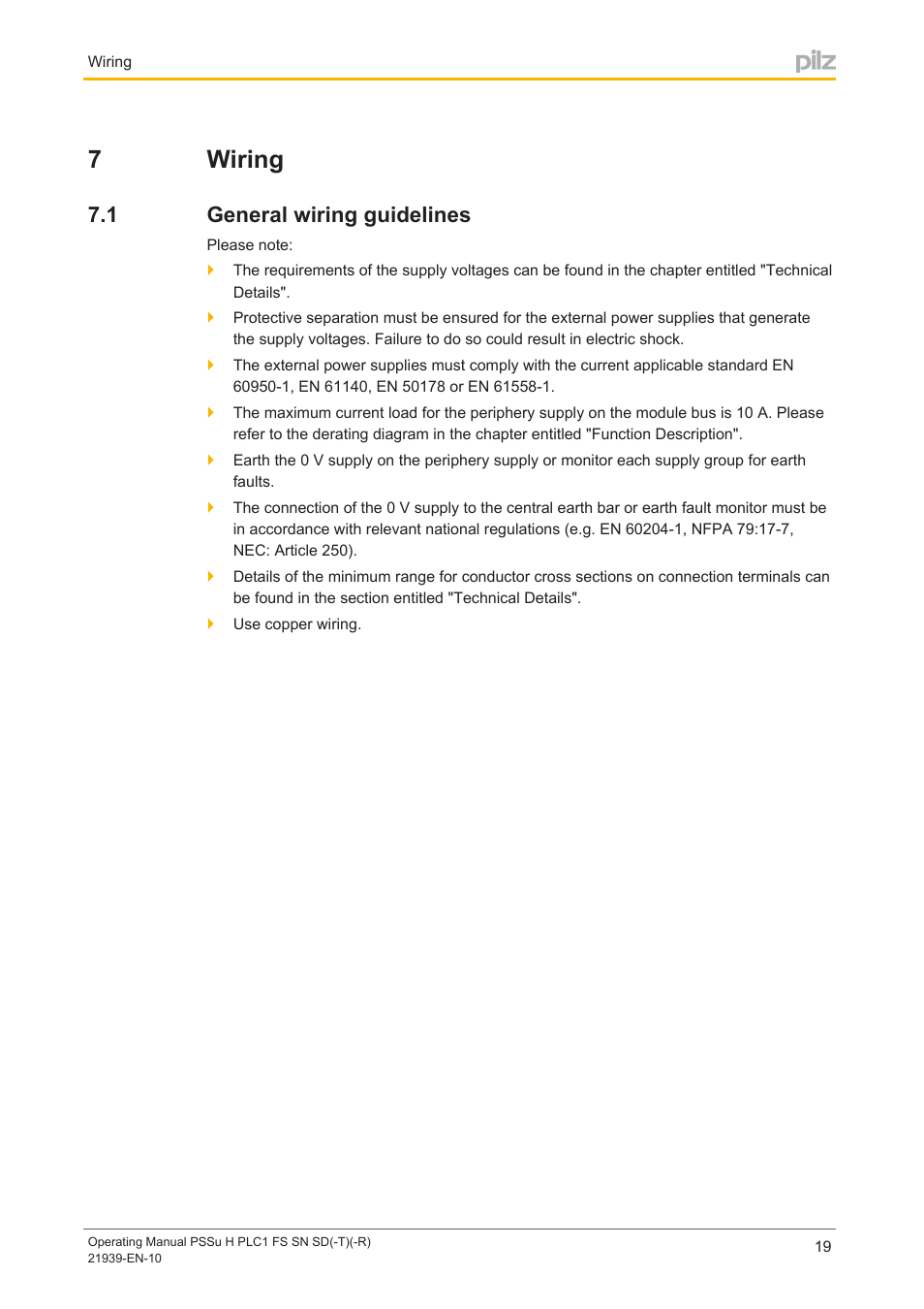 7 wiring, 1 general wiring guidelines, Section 7 | Wiring, General wiring guidelines, 7wiring | Pilz PSSu H PLC1 FS SN SD User Manual | Page 19 / 42