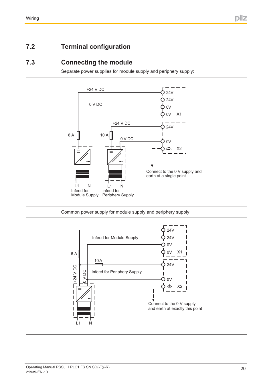 2 terminal configuration, 3 connecting the module, Terminal configuration | Connecting the module, 2 terminal configuration 7.3 connecting the module | Pilz PSSu H PLC1 FS SN SD User Manual | Page 20 / 42