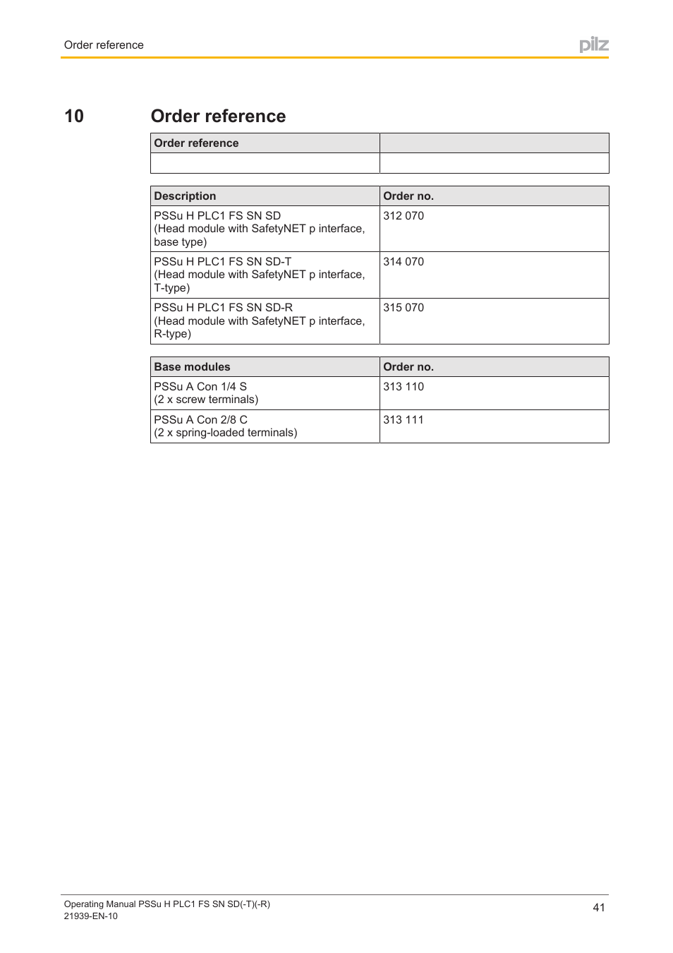 10 order reference, Section 10, Order reference | Pilz PSSu H PLC1 FS SN SD User Manual | Page 41 / 42
