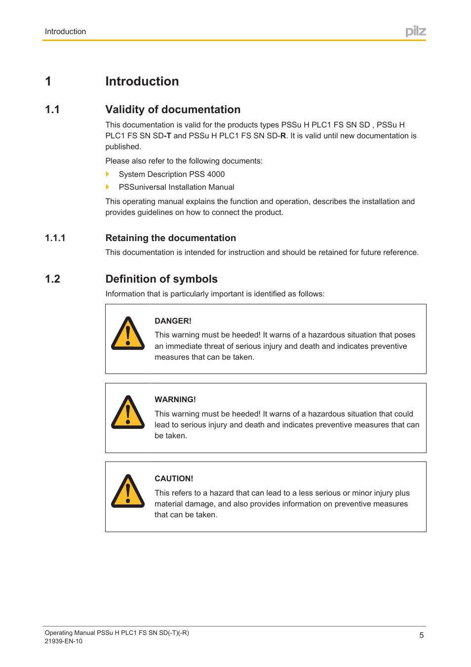 1 introduction, 1 validity of documentation, 1 retaining the documentation | 2 definition of symbols, Section 1, Introduction, Validity of documentation, Retaining the documentation, Definition of symbols, 1introduction | Pilz PSSu H PLC1 FS SN SD User Manual | Page 5 / 42