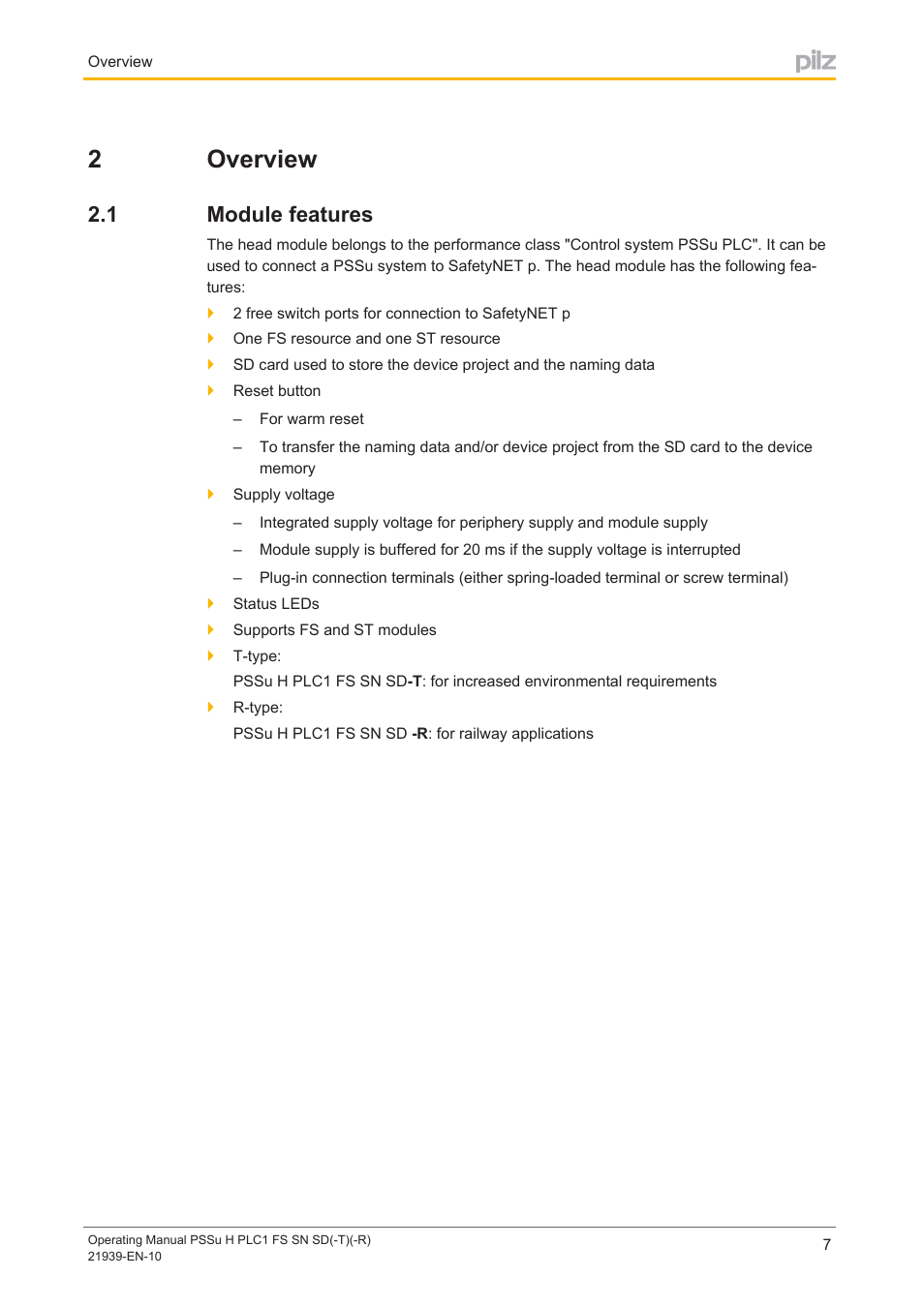 2 overview, 1 module features, Section 2 | Overview, Module features, 2overview | Pilz PSSu H PLC1 FS SN SD User Manual | Page 7 / 42