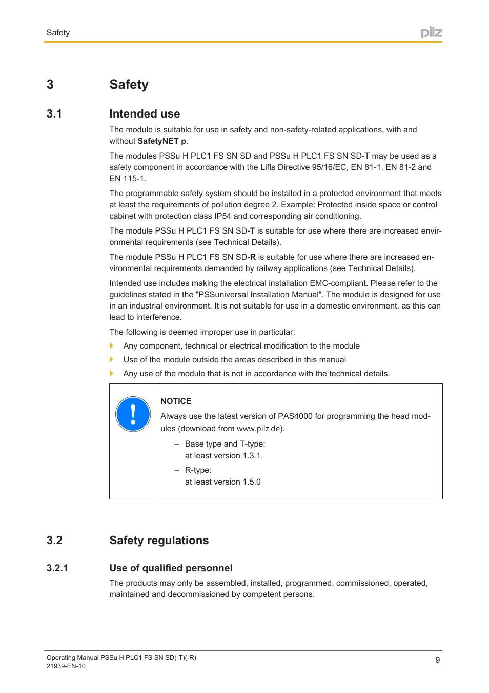 3 safety, 1 intended use, 2 safety regulations | 1 use of qualified personnel, Section 3, Safety, Intended use, Safety regulations, Use of qualified personnel, 3safety | Pilz PSSu H PLC1 FS SN SD User Manual | Page 9 / 42