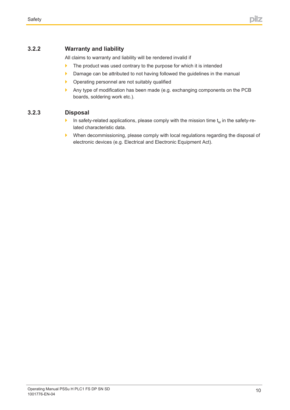 2 warranty and liability, 3 disposal, Warranty and liability | Disposal | Pilz PSSu H PLC1 FS DP SN SD User Manual | Page 10 / 40