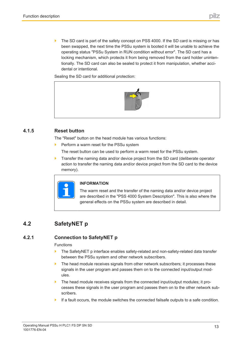 5 reset button, 2 safetynet p, 1 connection to safetynet p | Reset button, Safetynet p, Connection to safetynet p | Pilz PSSu H PLC1 FS DP SN SD User Manual | Page 13 / 40