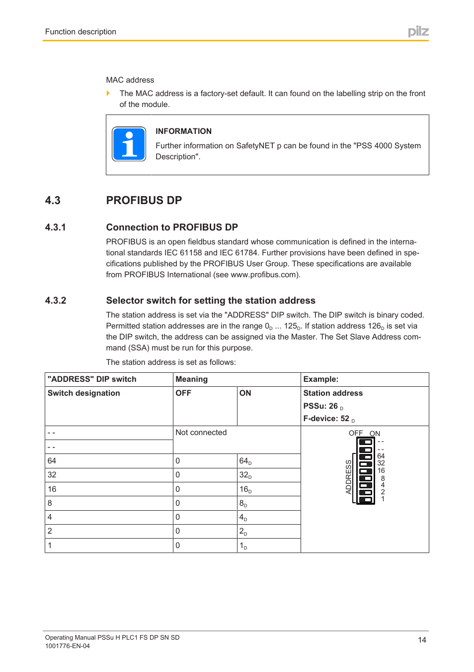 3 profibus dp, 1 connection to profibus€dp, 2 selector switch for setting the station address | Profibus dp, Connection to profibus dp, Selector switch for setting the station address, 1 connection to profibus dp | Pilz PSSu H PLC1 FS DP SN SD User Manual | Page 14 / 40