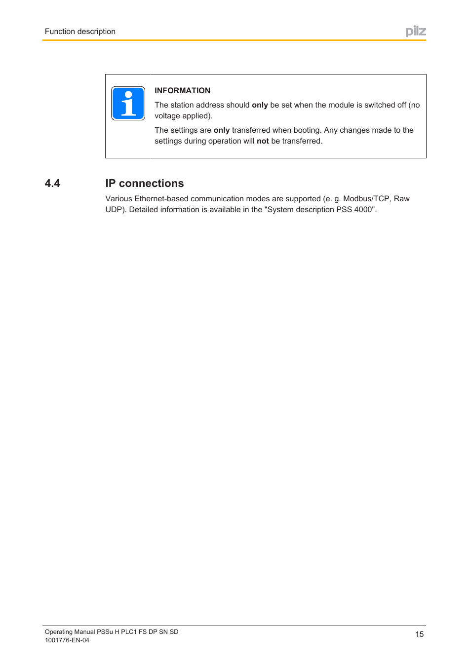 4 ip connections, Ip connections | Pilz PSSu H PLC1 FS DP SN SD User Manual | Page 15 / 40