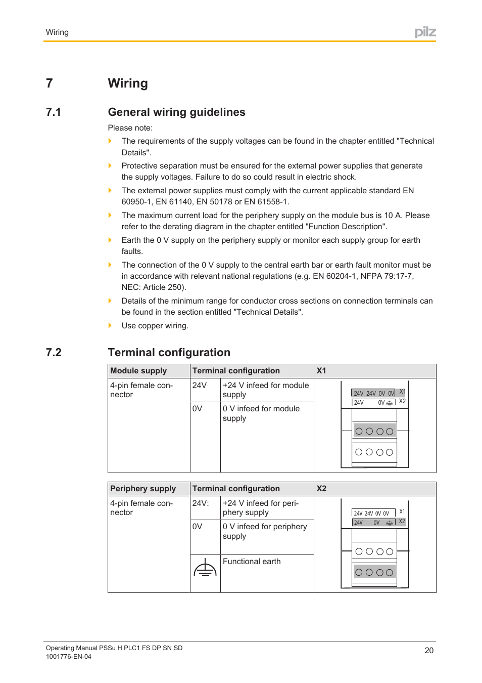 7 wiring, 1 general wiring guidelines, 2 terminal configuration | Section 7, Wiring, General wiring guidelines, Terminal configuration, 7wiring | Pilz PSSu H PLC1 FS DP SN SD User Manual | Page 20 / 40