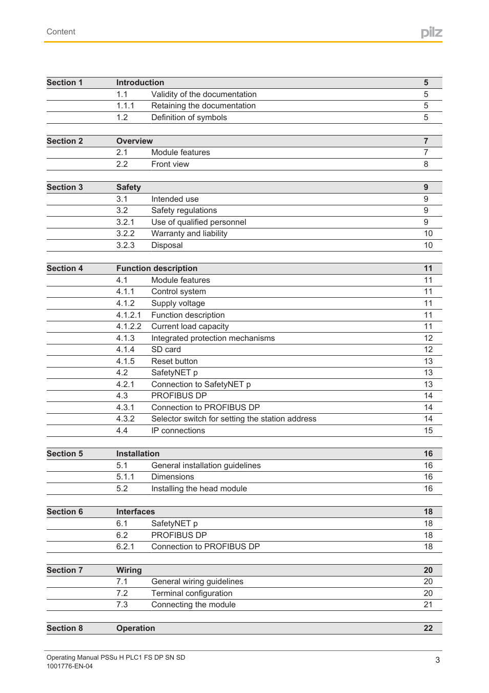 Pilz PSSu H PLC1 FS DP SN SD User Manual | Page 3 / 40