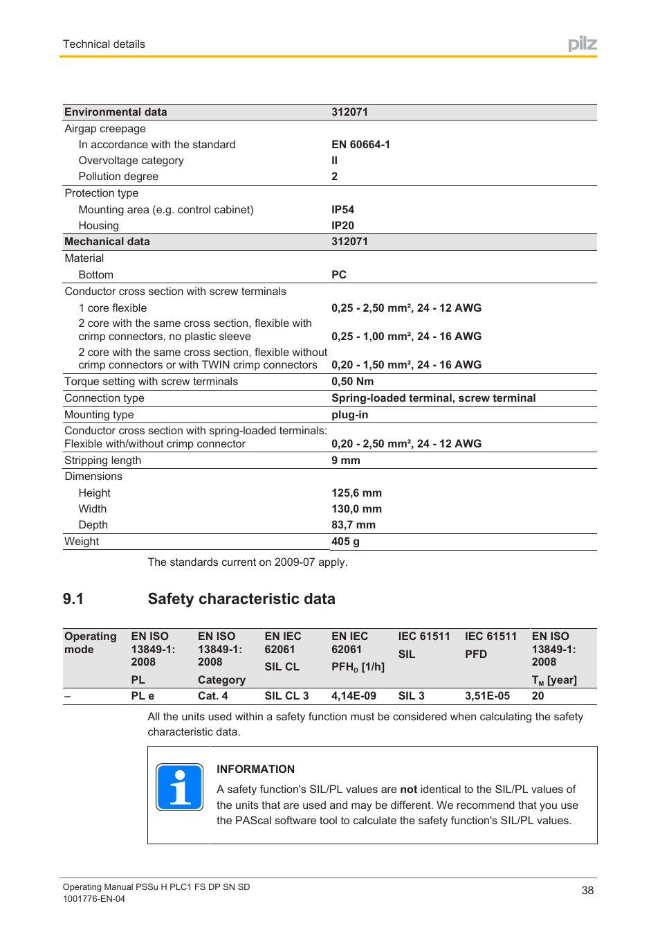 1 safety characteristic data, Safety characteristic data | Pilz PSSu H PLC1 FS DP SN SD User Manual | Page 38 / 40