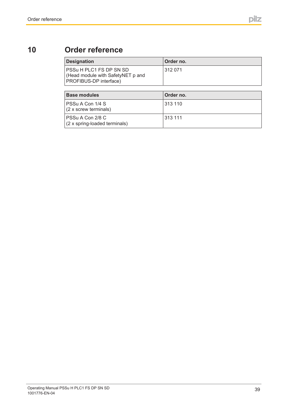 10 order reference, Section 10, Order reference | Pilz PSSu H PLC1 FS DP SN SD User Manual | Page 39 / 40