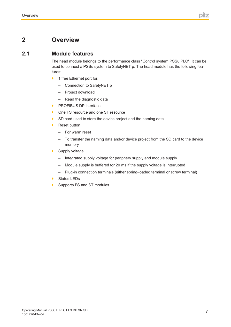 2 overview, 1 module features, Section 2 | Overview, Module features, 2overview | Pilz PSSu H PLC1 FS DP SN SD User Manual | Page 7 / 40