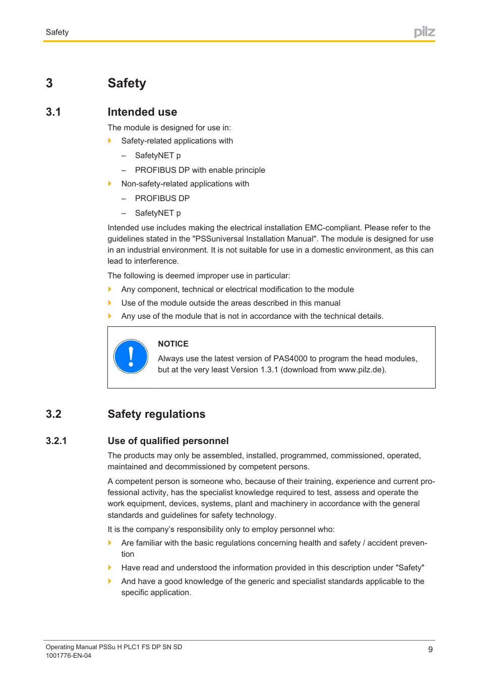 3 safety, 1 intended use, 2 safety regulations | 1 use of qualified personnel, Section 3, Safety, Intended use, Safety regulations, Use of qualified personnel, 3safety | Pilz PSSu H PLC1 FS DP SN SD User Manual | Page 9 / 40