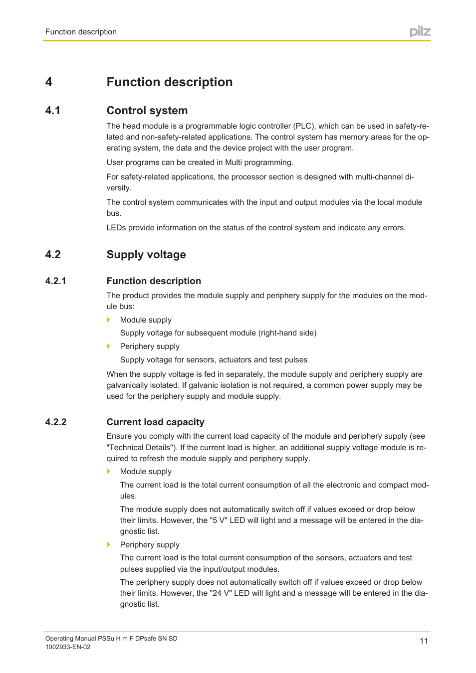 4 function description, 1 control system, 2 supply voltage | 1 function description, 2 current load capacity, Section 4, Function description, Control system, Supply voltage, Current load capacity | Pilz PSSu H m F DPsafe SN SD User Manual | Page 11 / 39