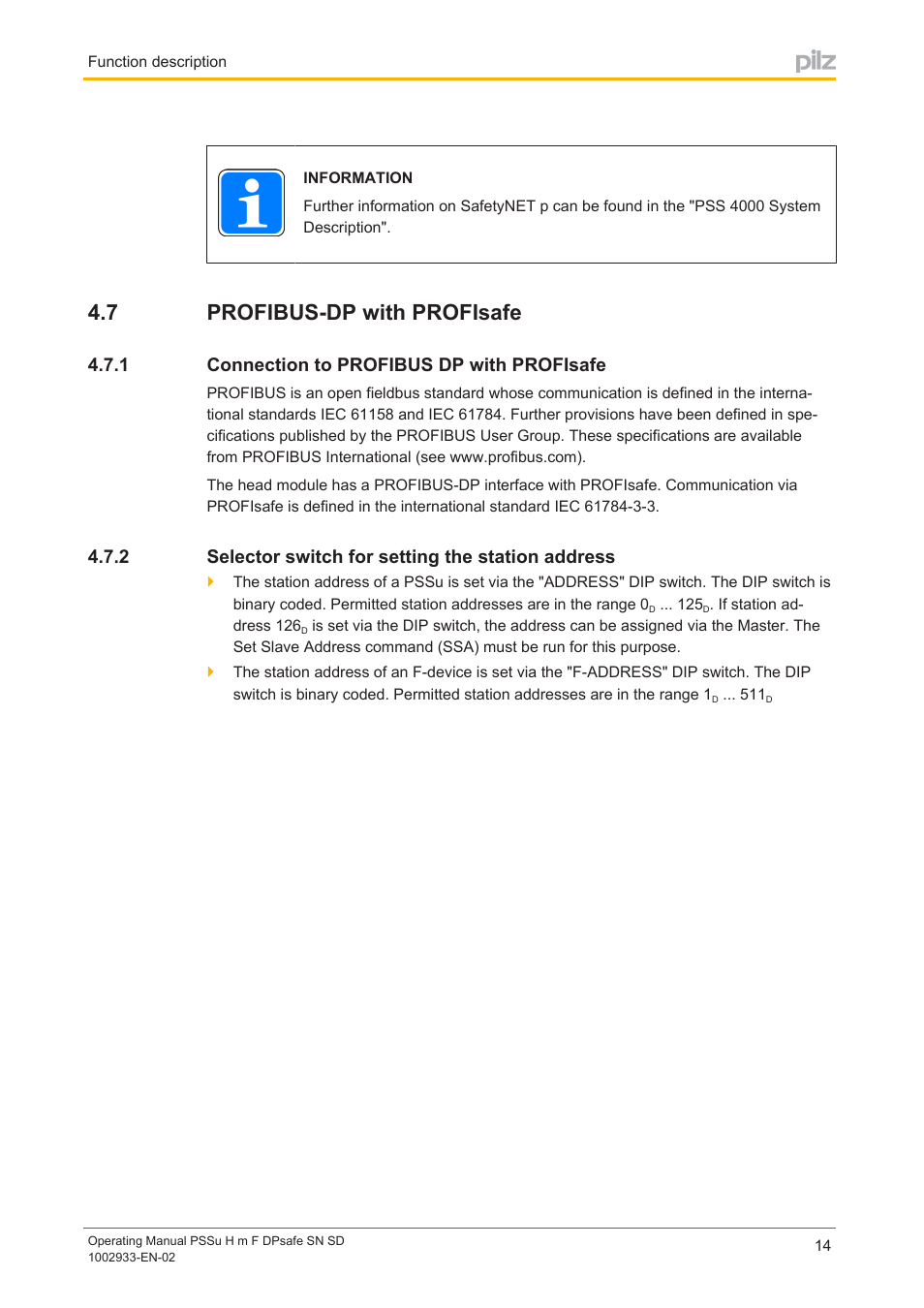 7 profibus-dp with profisafe, 1 connection to profibus dp with profisafe, 2 selector switch for setting the station address | Profibus­dp with profisafe, Connection to profibus dp with profisafe, Selector switch for setting the station address, 7 profibus­dp with profisafe | Pilz PSSu H m F DPsafe SN SD User Manual | Page 14 / 39