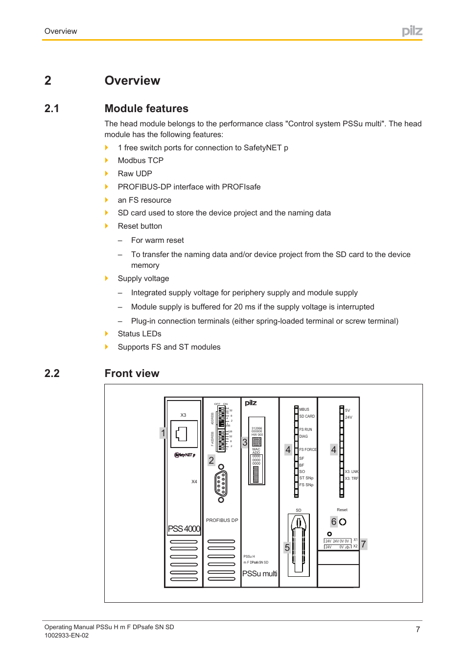 2 overview, 1 module features, 2 front view | Section 2, Overview, Module features, Front view, 2overview, Pss 4000, Pssu multi | Pilz PSSu H m F DPsafe SN SD User Manual | Page 7 / 39