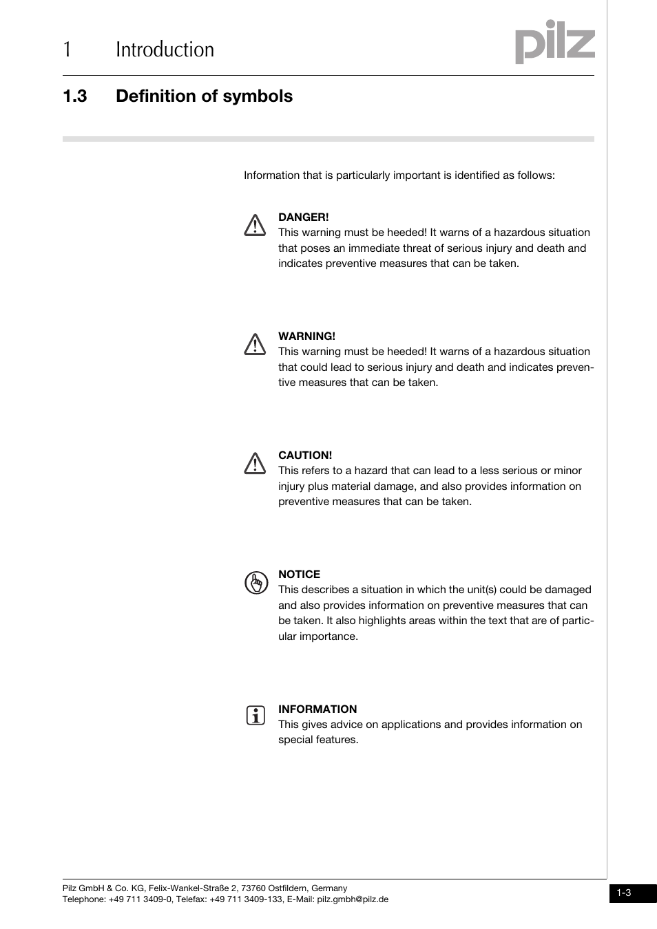 Definition of symbols, 1introduction, 3 definition of symbols | Pilz PSSu H SB User Manual | Page 7 / 33