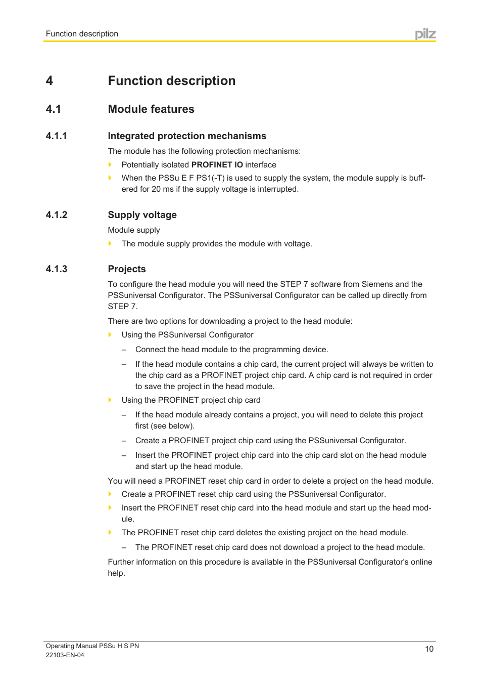 4 function description, 1 module features, 1 integrated protection mechanisms | 2 supply voltage, 3 projects, Section 4, Function description, Module features, Integrated protection mechanisms, Supply voltage | Pilz PSSu H S PN User Manual | Page 10 / 21