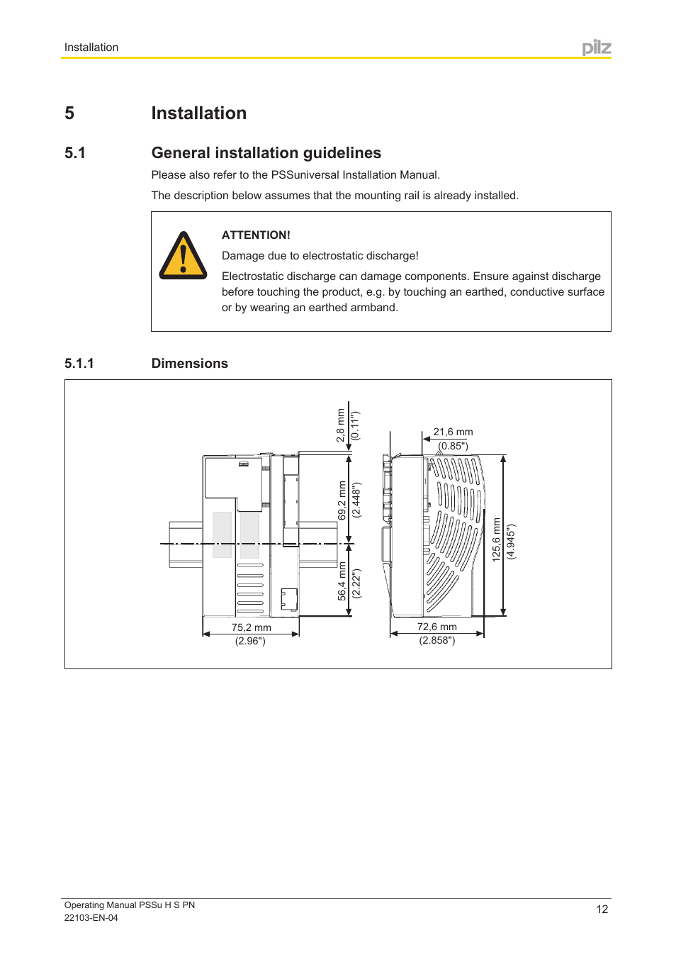 5 installation, 1 general installation guidelines, 1 dimensions | Section 5, Installation, General installation guidelines, Dimensions | Pilz PSSu H S PN User Manual | Page 12 / 21