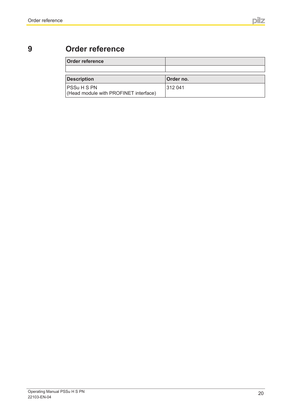 9 order reference, Section 9, Order reference | Pilz PSSu H S PN User Manual | Page 20 / 21