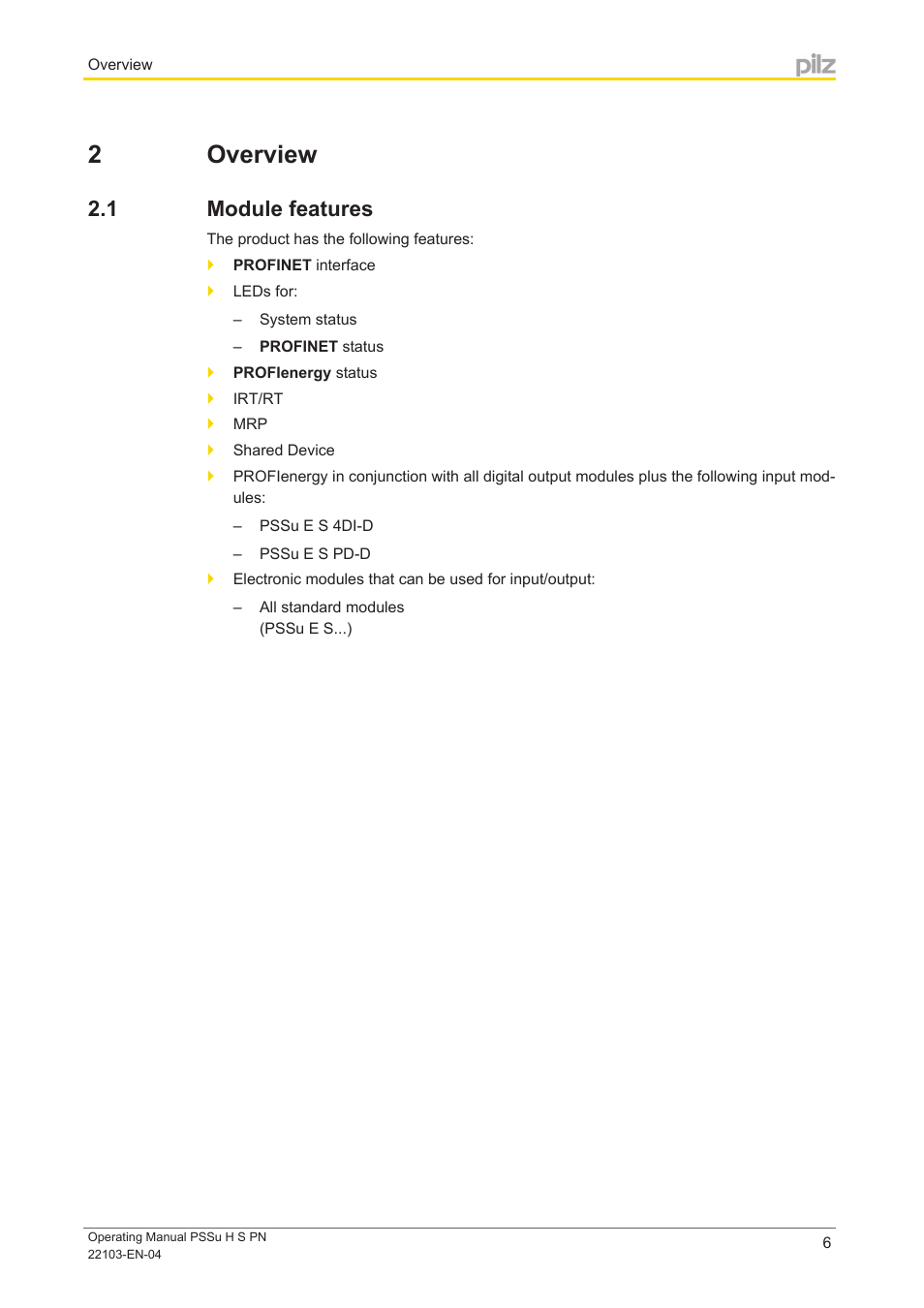 2 overview, 1 module features, Section 2 | Overview, Module features | Pilz PSSu H S PN User Manual | Page 6 / 21