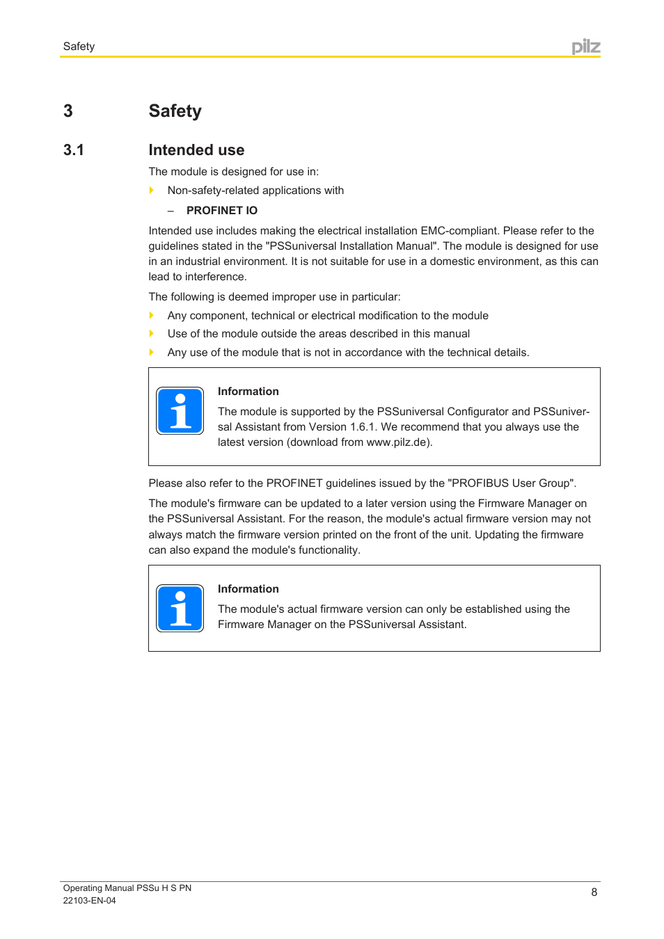 3 safety, 1 intended use, Section 3 | Safety, Intended use | Pilz PSSu H S PN User Manual | Page 8 / 21